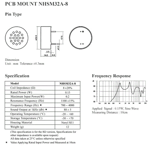 additional pcb mount speaker 8ohm data