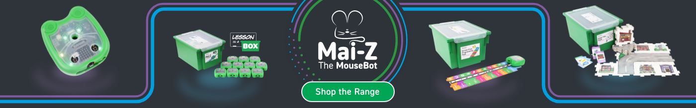 a banner showing the different Mai-Z the mousebot products and accessories
