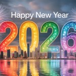 2026 in neon, and over a cityscape by the waters edge with everything reflected